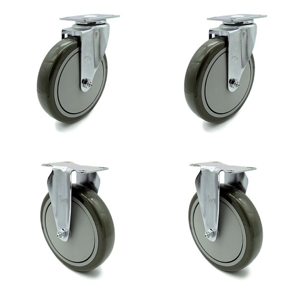 6 Inch Gray Polyurethane Wheel Swivel Top Plate Caster Set with 2 Rigid SCC